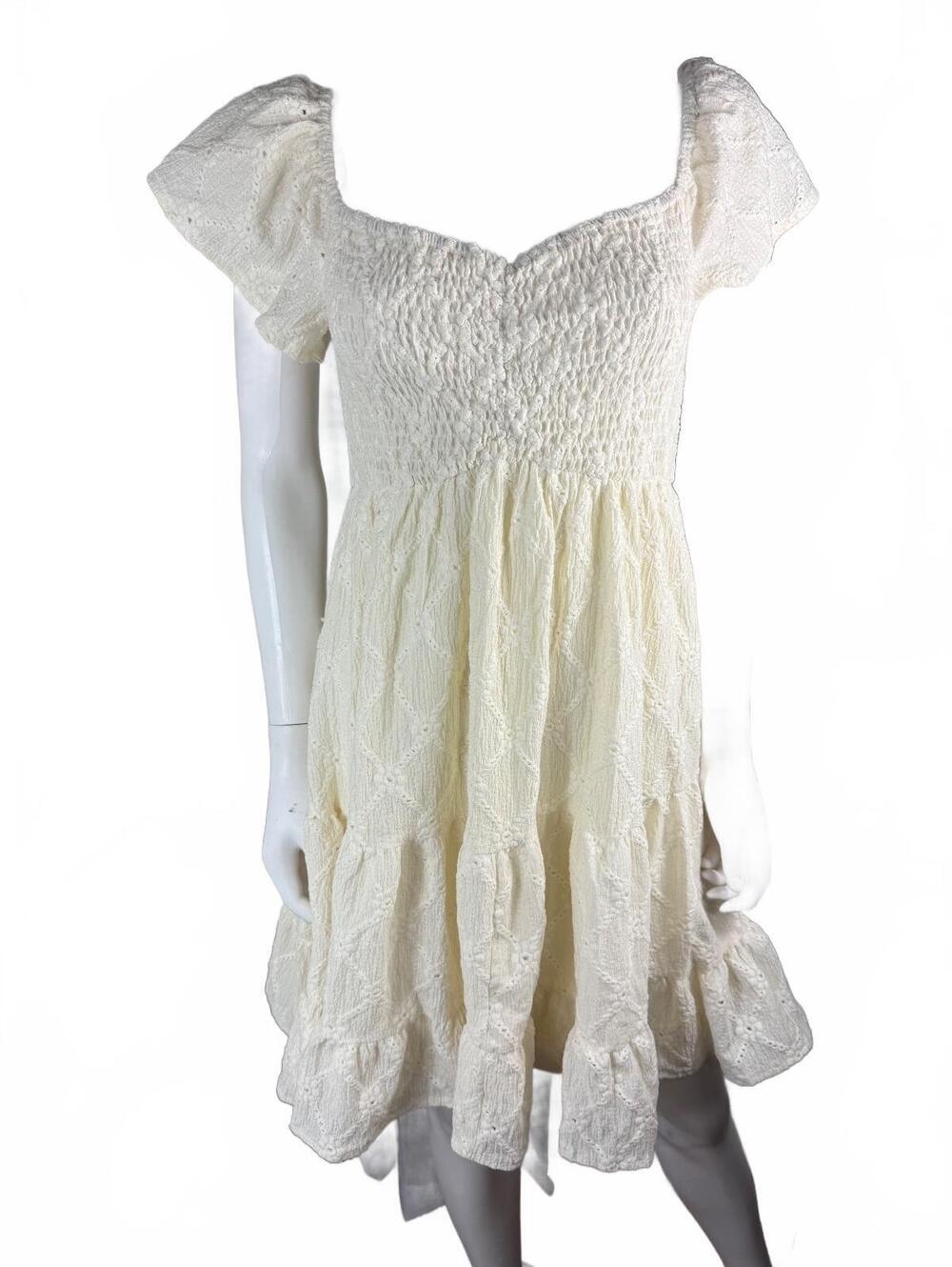 Cream Smocked Puff Sleeve Mini Dress Size S